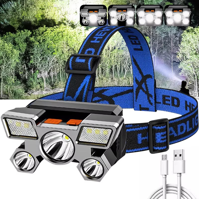 USB Rechargeable Headlamp Portable 5LED Headlight Built in Battery Torch Portable Working Light Fishing Camping Head Light for T